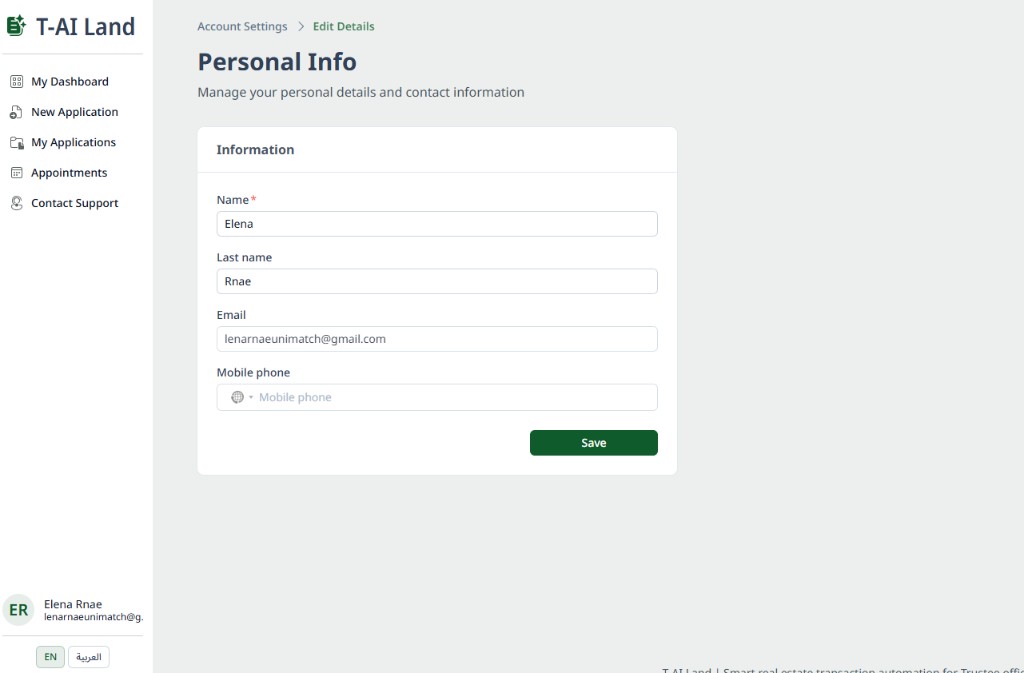 Edit details form with Save button