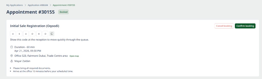 Appointment booked: status, appointment code, and copy option