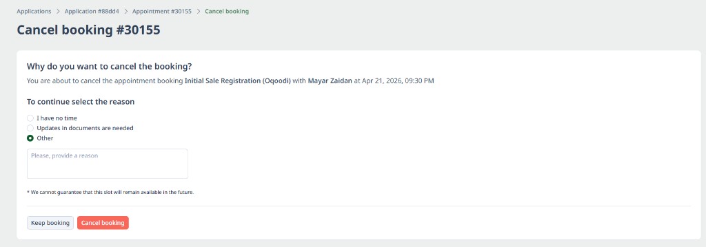 Cancel booking form with reason selection and confirmation