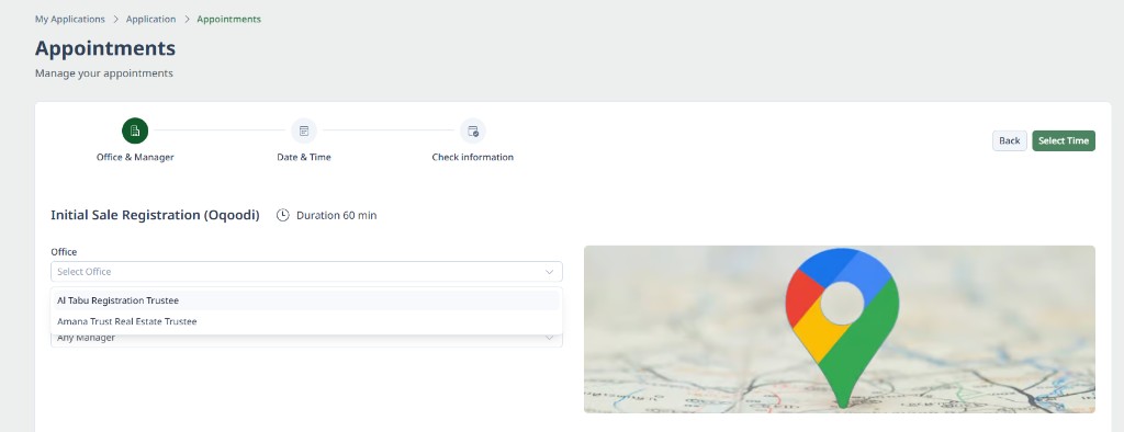 Appointments: Office and Manager step with office dropdown and Any Manager