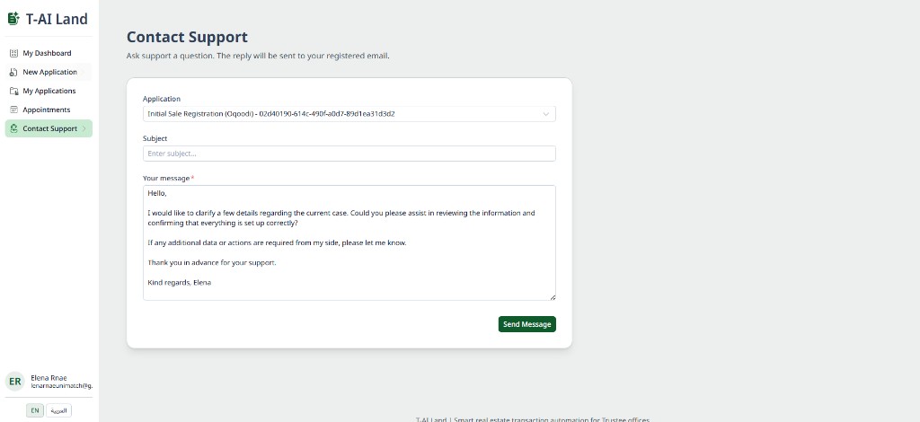 Contact Support: application selector, subject, message, Send Message
