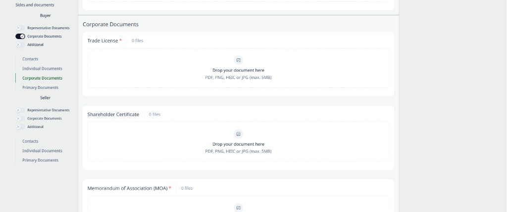 Sides and documents configurator with toggles and upload area