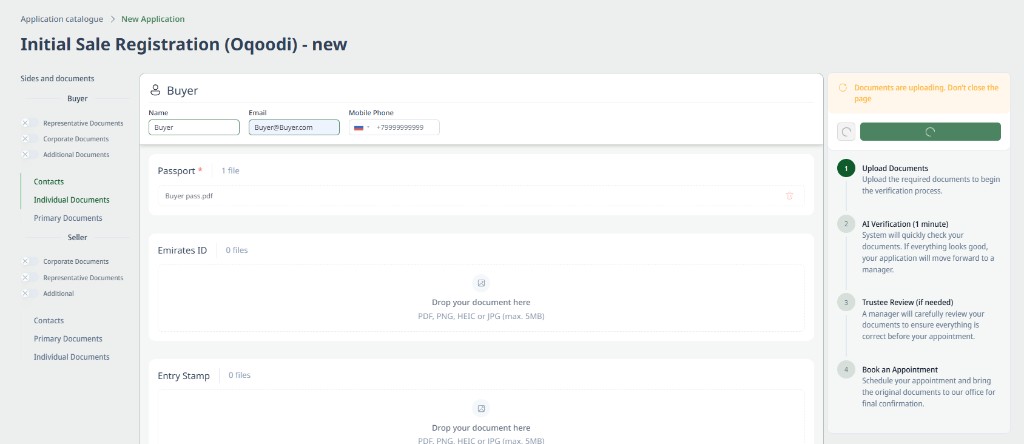 Application page: document upload step with progress stepper