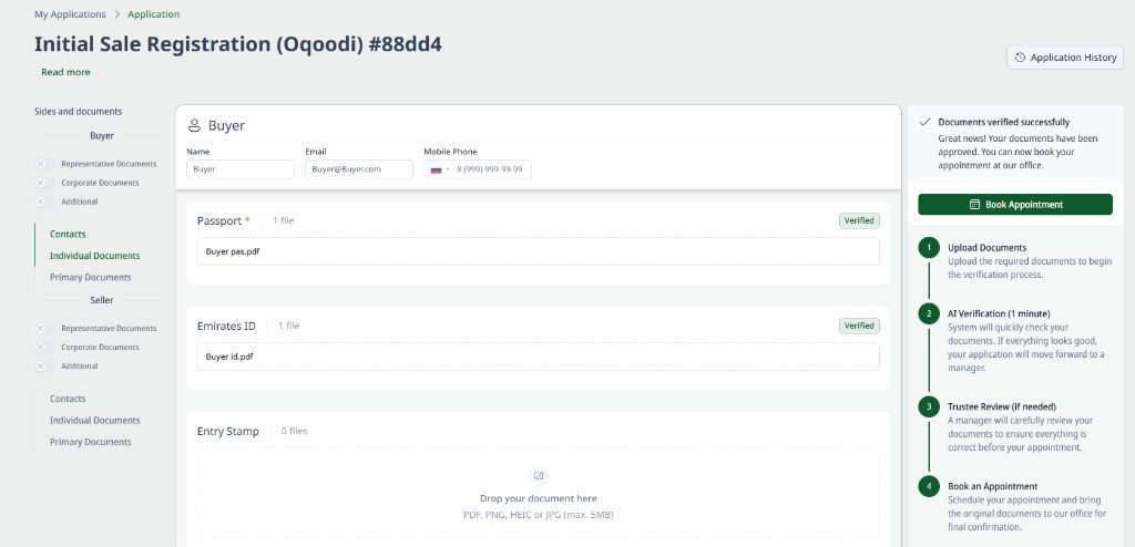 Application page: documents verified, Book Appointment available