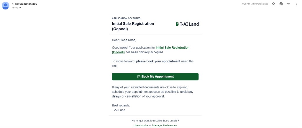 Email: application accepted, Book My Appointment