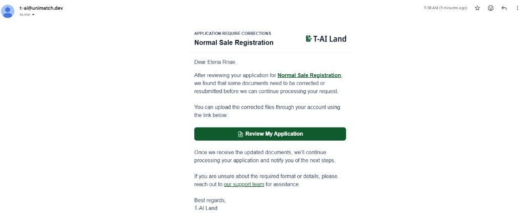 Email: application requires corrections, Review My Application