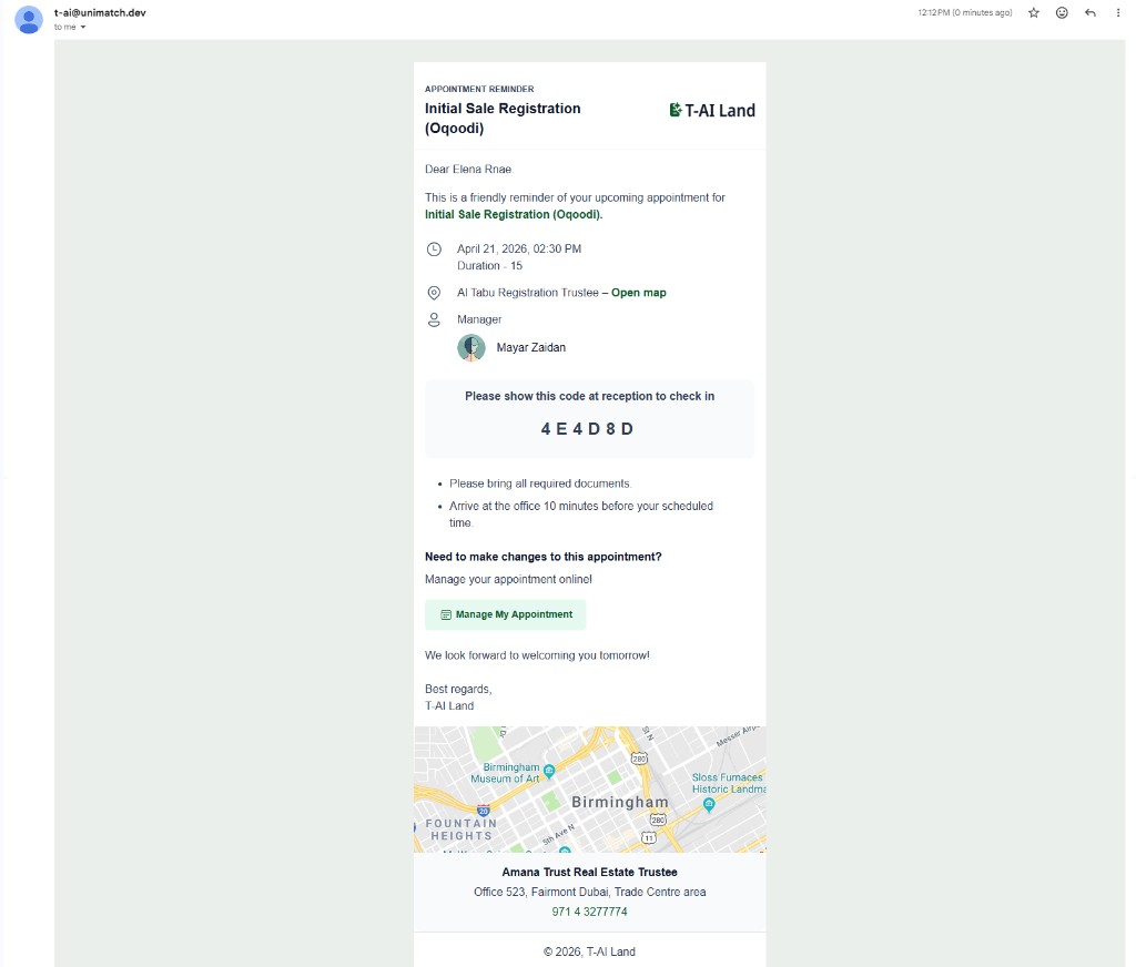 Email: appointment reminder with code for reception