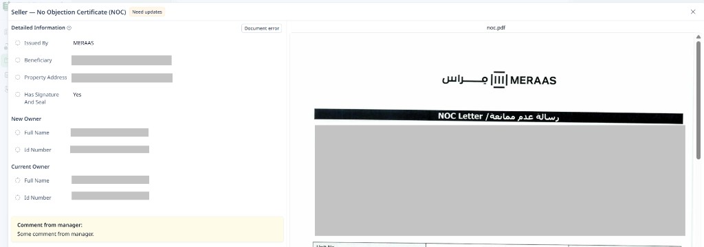 Manager comment with additional details in document view