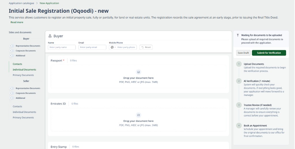 New application page: document configurator, buyer form and uploads, status and stepper