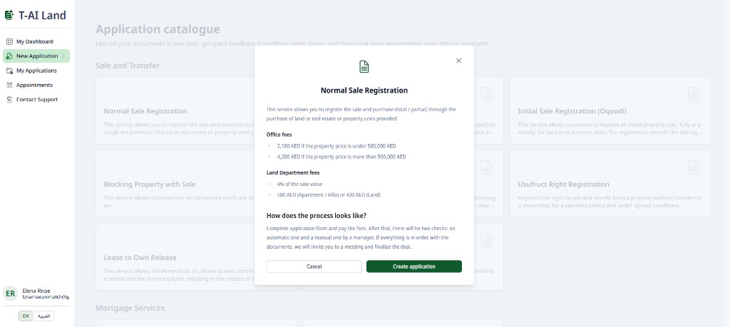 Service details modal with fees and process description