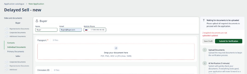 Warning about missing required documents and highlighted mandatory upload blocks